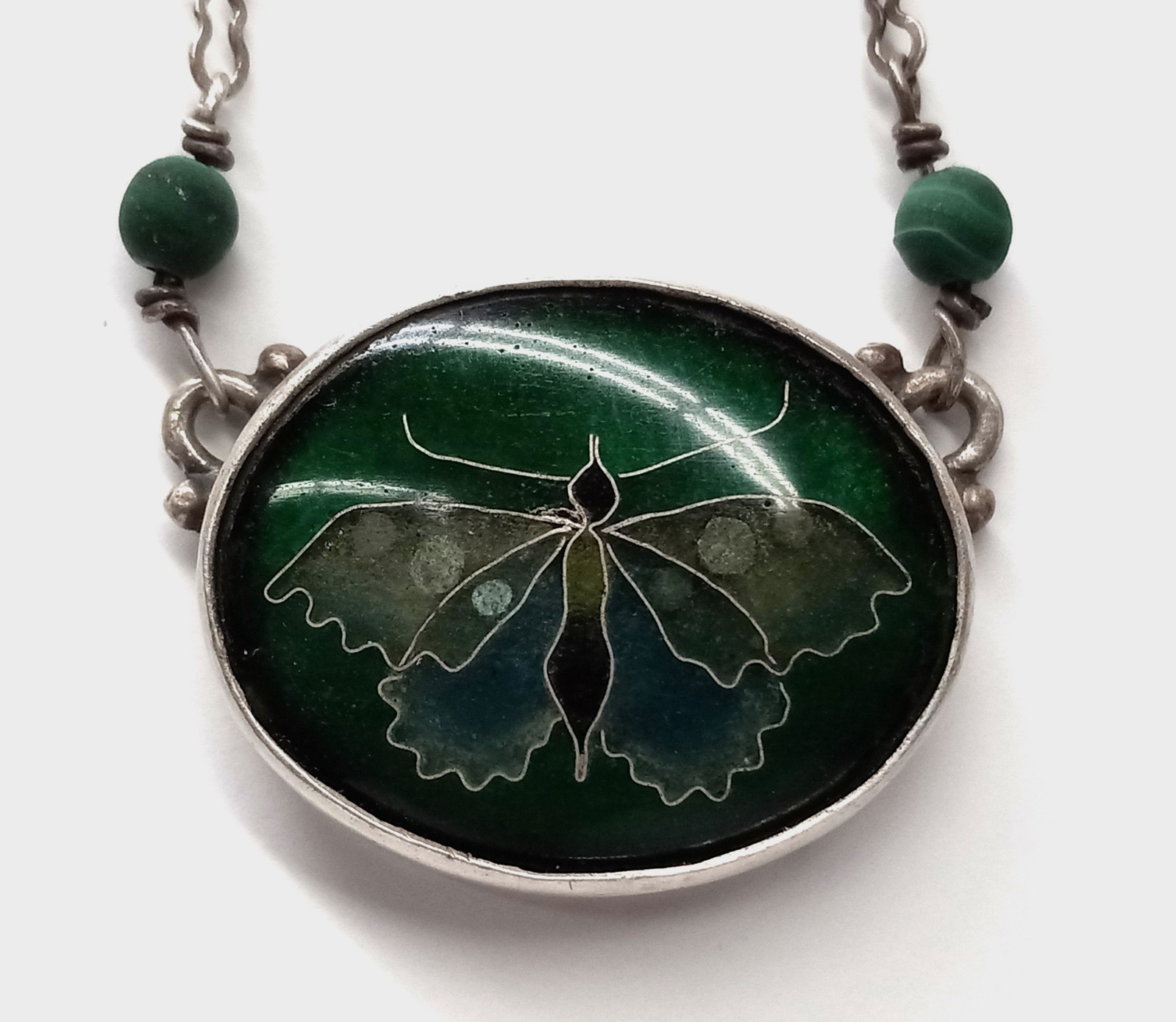 SIGNED TONI STRASSLER CLOISENNE PENDANT NECKLACE BUTTERFLY 9/1978
