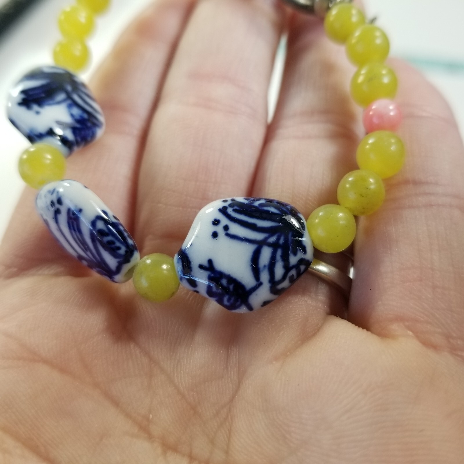 Bracelet Blue White Porcelain with Lemonade Yellow Glass Beads Toggle Closure