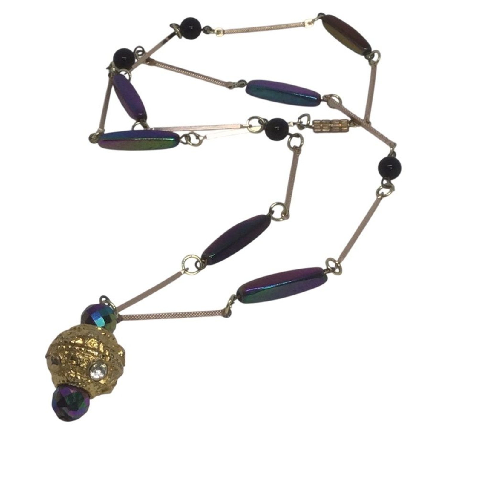 Vintage Pendant Necklace Peacock Glass Beads Gold Tone Bar Link Chain