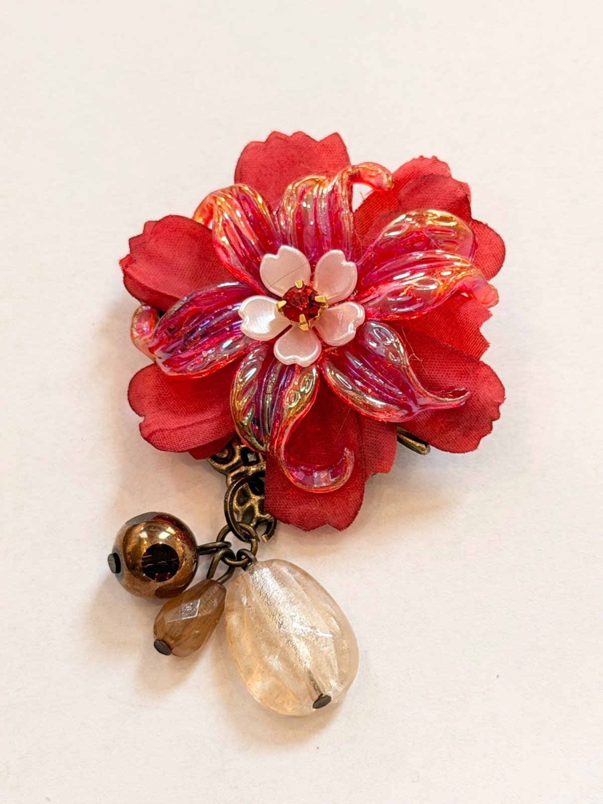 Red Floral Brooch With Crystal Beads & Metal Backing Vintage-Inspired Jewelry Ac
