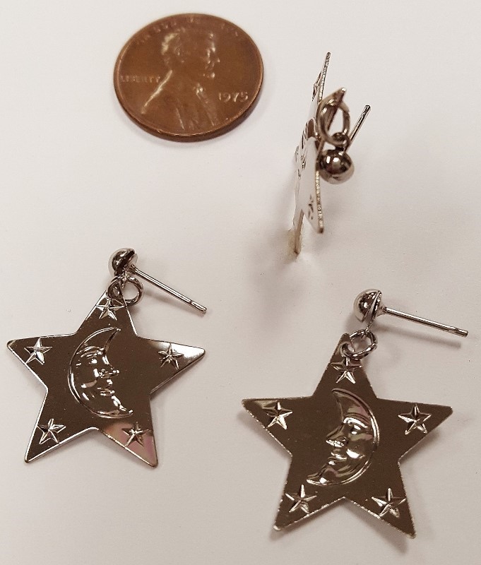 6 PIECES (3 PAIR) VINTAGE SILVER STAR MOON & STARS DANGLE PIERCED EARRINGS N29