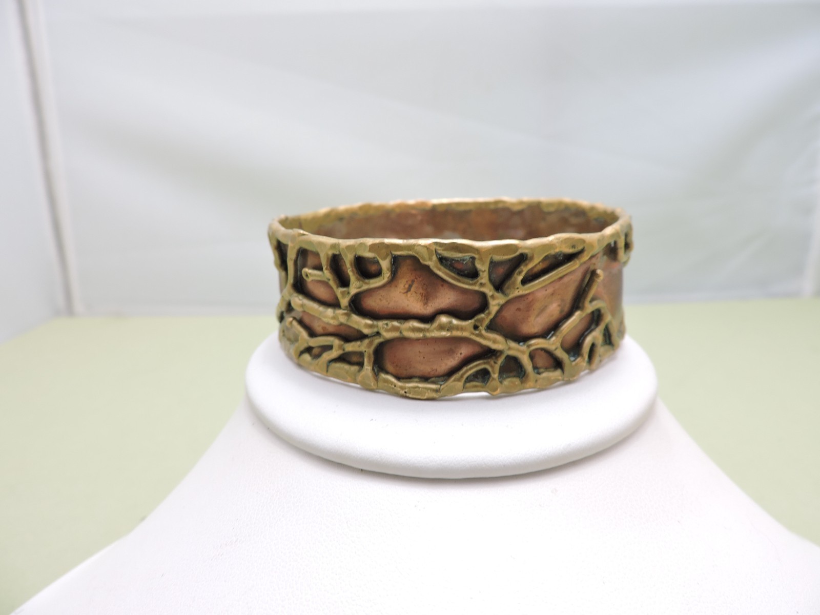 Vintage Artisan Mixed Metal Brutalist Abstract Cuff Bracelet Copper Brass 7.5″