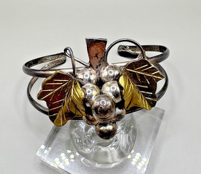 Vintage Mexico 925 Sterling Silver Grape Vine Cuff Bracelet Brass Leaves 26.1g