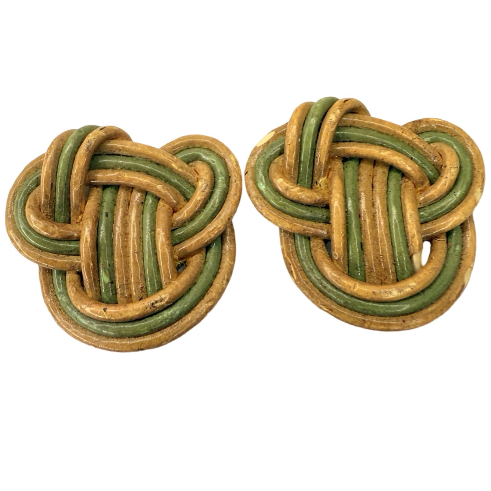 Green And Tan Wicker Knot Screw Back Earring Retro Boho Chic