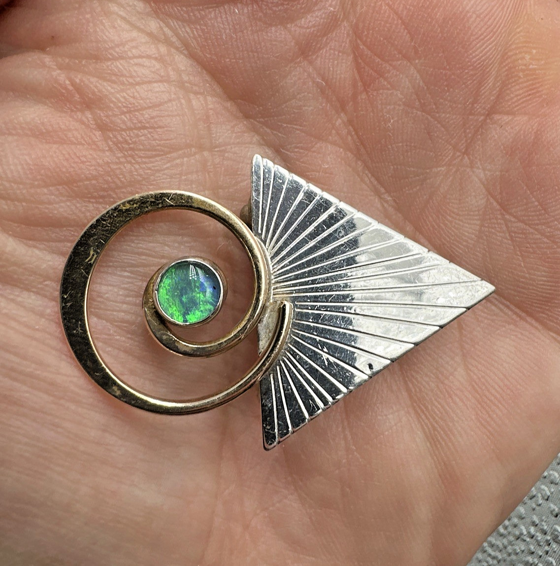 Vtg Abstract Modernist Courtney Peterson Silver Brass and Opal Brooch Pendant