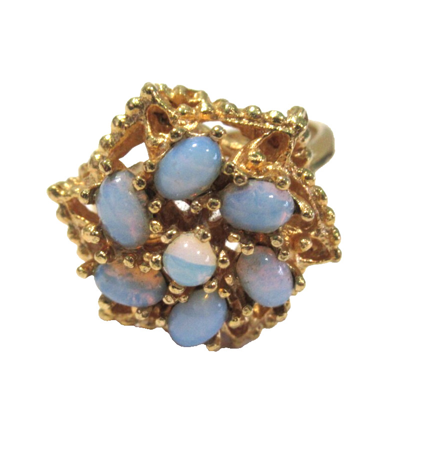 FAUX OPAL RING GOLD TONE ‘BEADED’ METAL SIZE 5.25