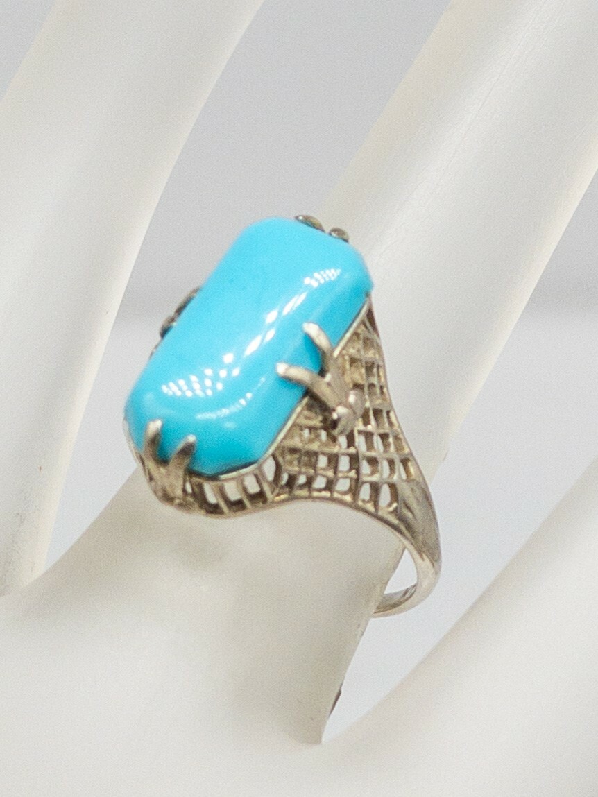 Antique 1920s 3ct Natural Cushion Cut Turquoise 14k White Gold Filigree Ring BIG