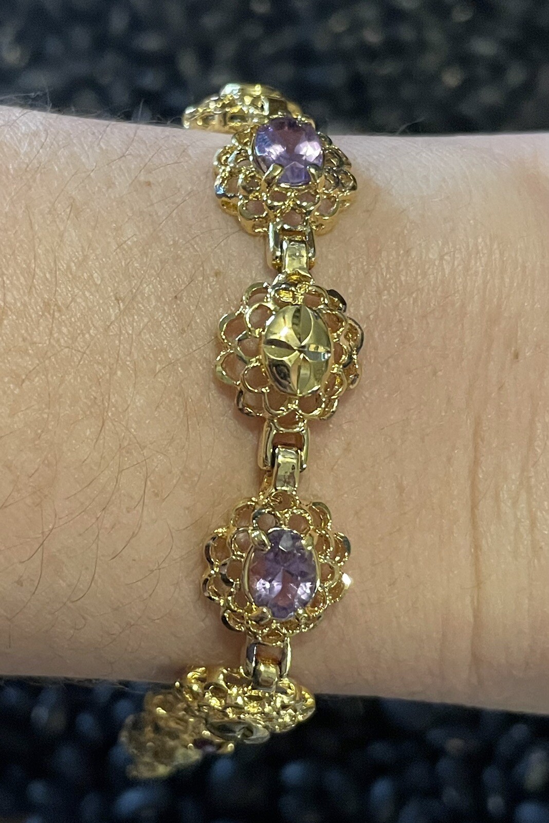 Sterling Silver Gold Vermeil Purple Amethyst Etched Open Work Tennis Bracelet