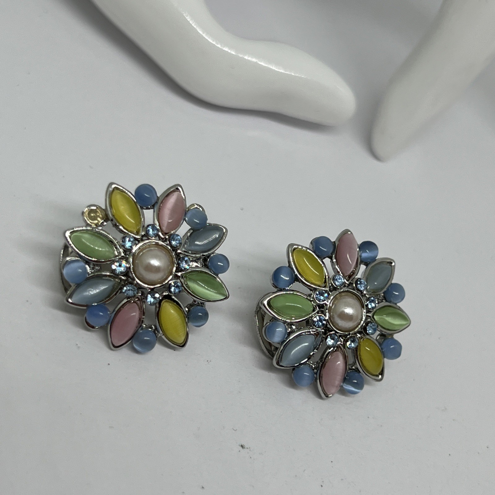 Pastel Multi-color Moonglow Lucite Faux Pearl Light Blue Rhinestone