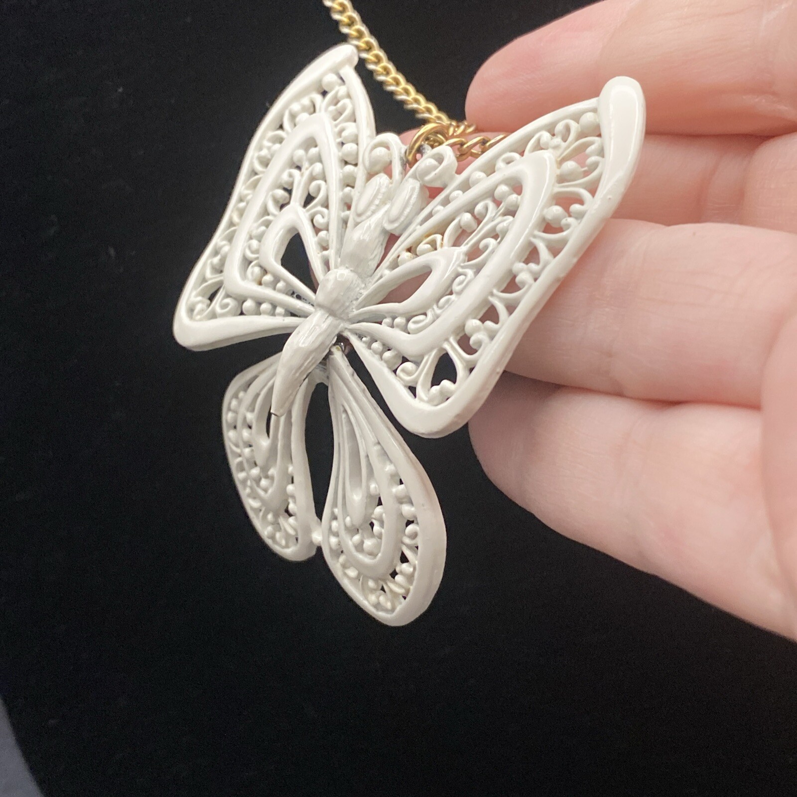 Vintage White Enamel Articulated Large Butterfly Gold Tone Open Link Chain Mod
