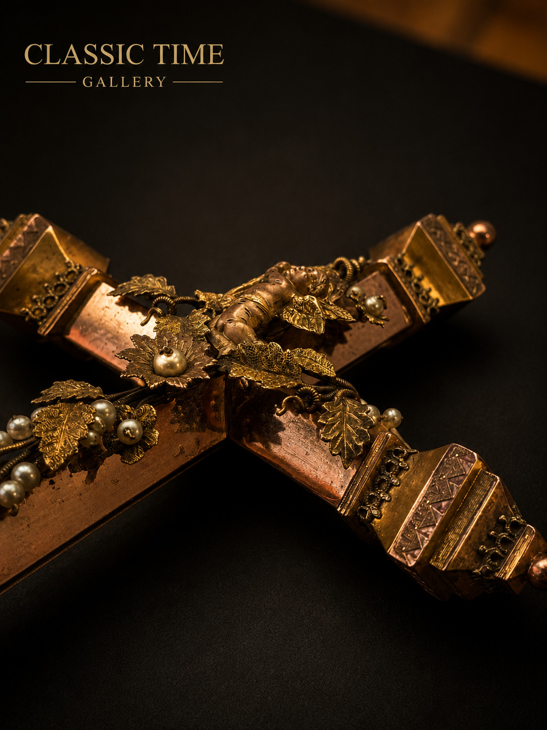 Fine Antique Rare Large European Religious Pectoral 9k Gold Filigree Cross