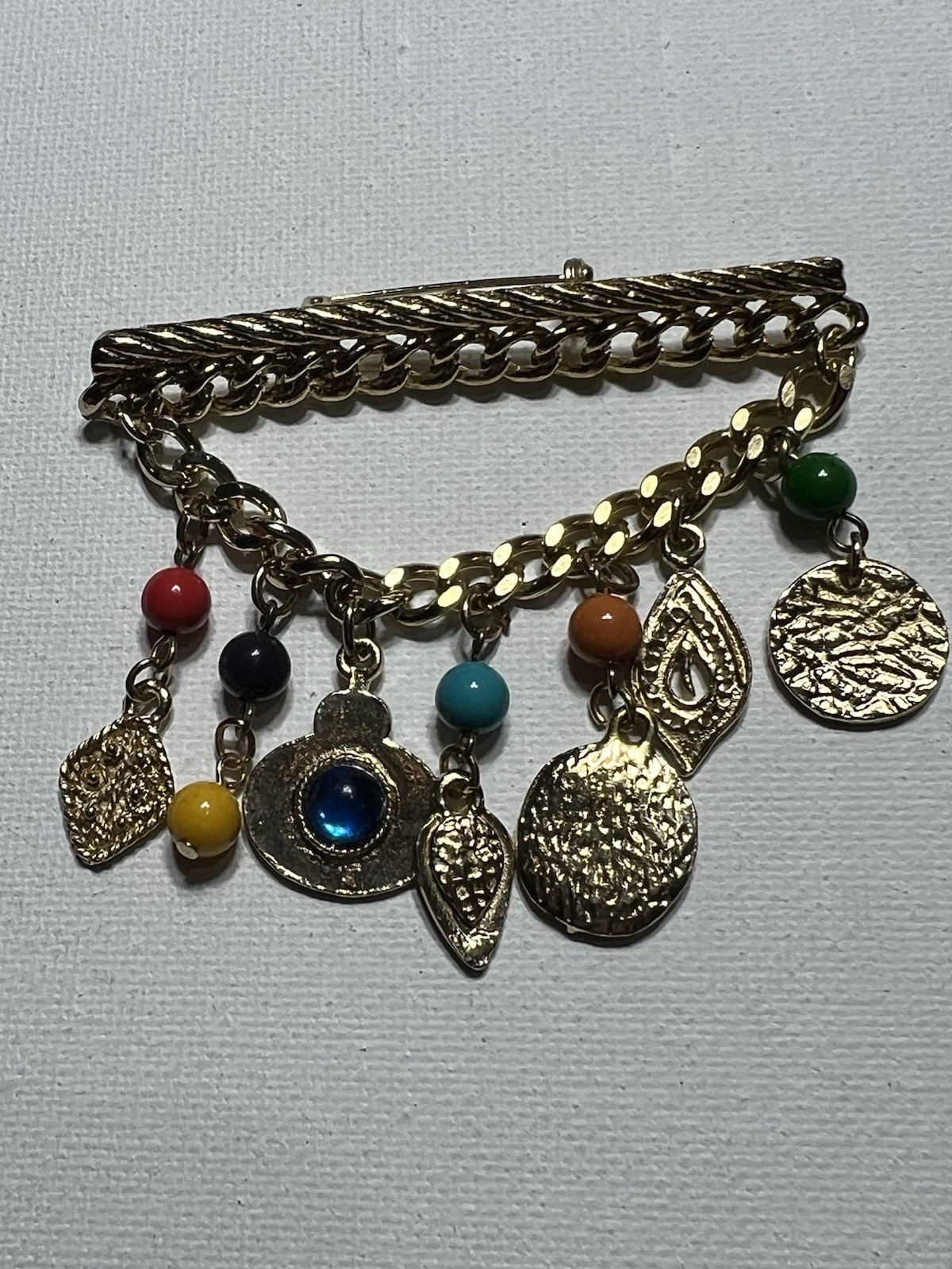 Dangle Bar Brooch Pin Gold Tone Assorted Gemstone charms Retro Vintage beaded