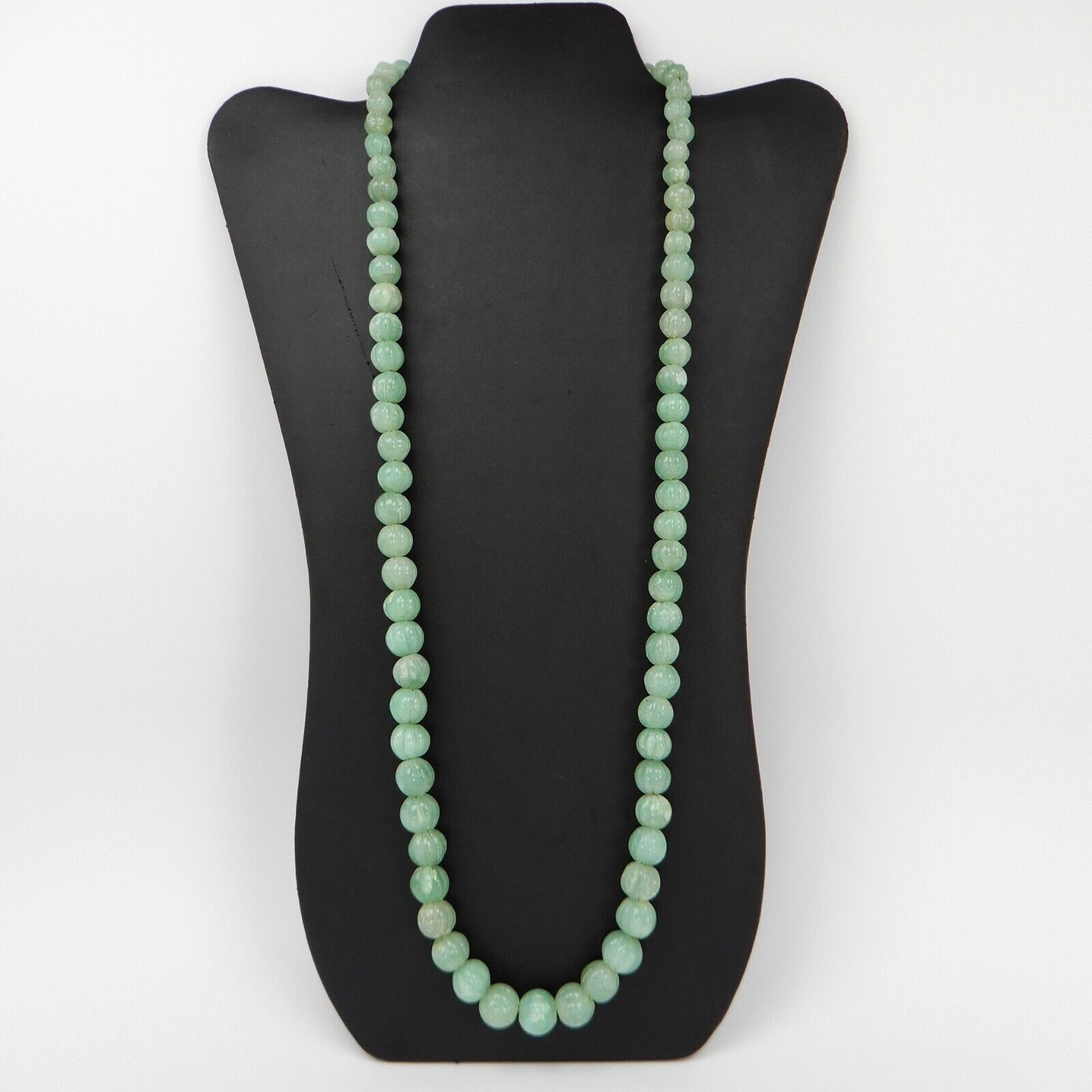 Carved Green Jade Graduated 12mm Pumpkin Bead Necklace 30” Barrel Clasp 124 gr