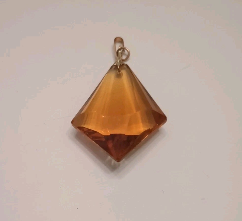 Vintage Amber Tone Faceted Glass /Resin Pendant Geometric Pyramid Charm