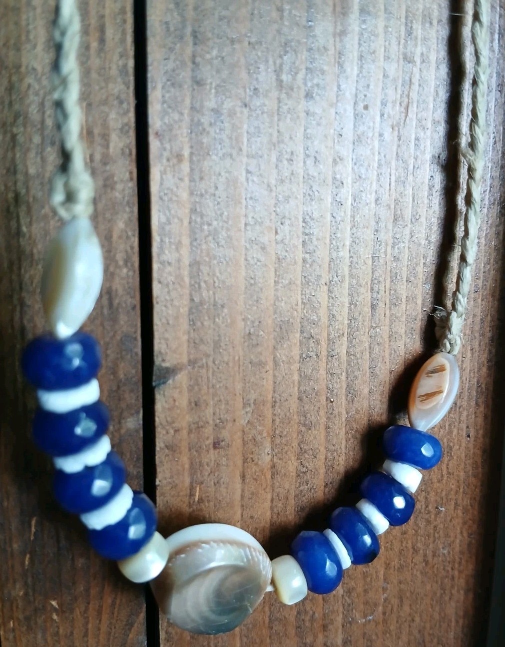 Blue Jade Ocean Shell Necklace Hemp Cord Hippie Boho Travel Beach Wear