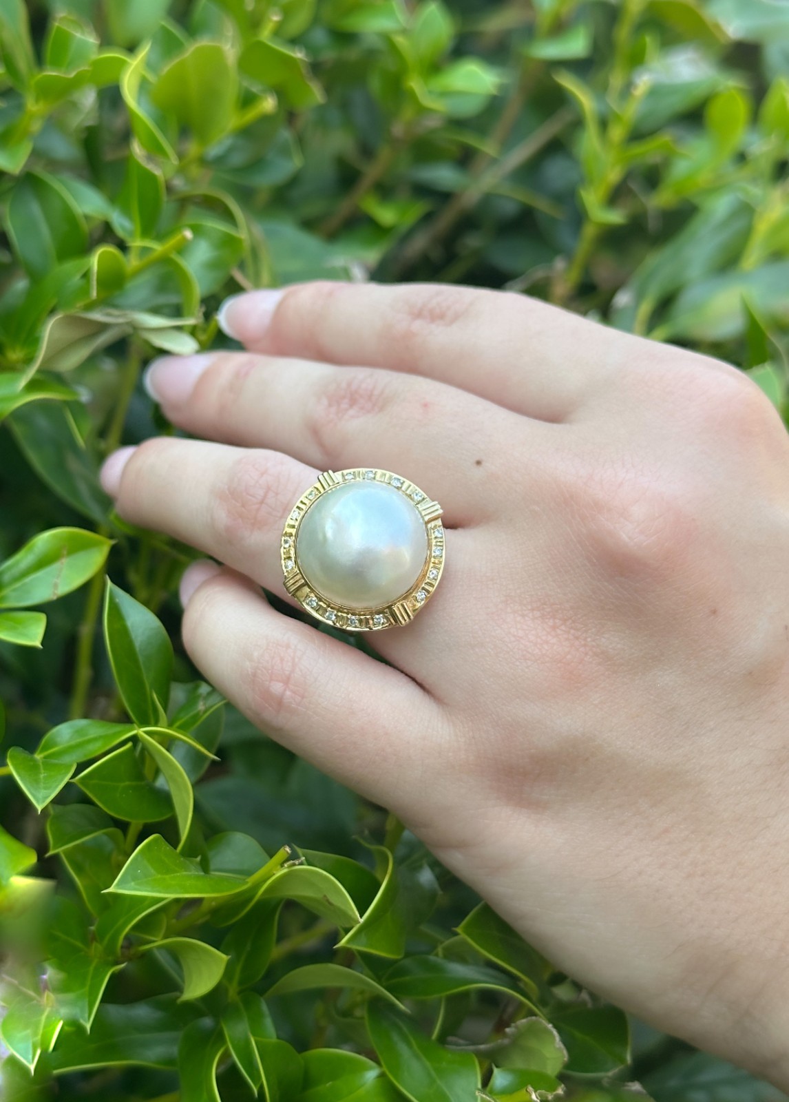 Vintage Mabe Pearl Diamond Cocktail Ring 14k Yellow Gold Size 5.75 17.5mm RG4747