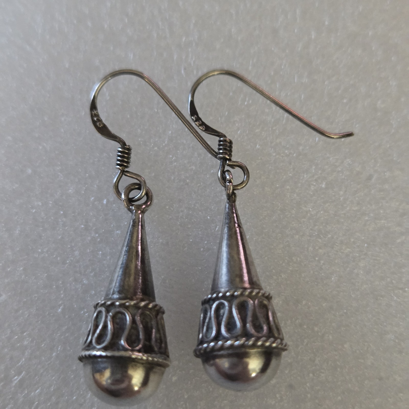 Vintage 925 Sterling Silver Etruscan Cone Drop Dangle Earrings Wirework