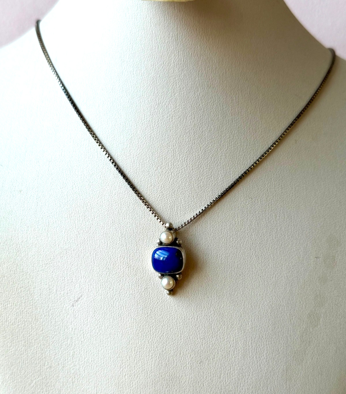 VINTAGE JGD JANICE GIRARDI LAPIS PEARL PENDANT CHAIN NECKLACE 925 STERLING SLVER