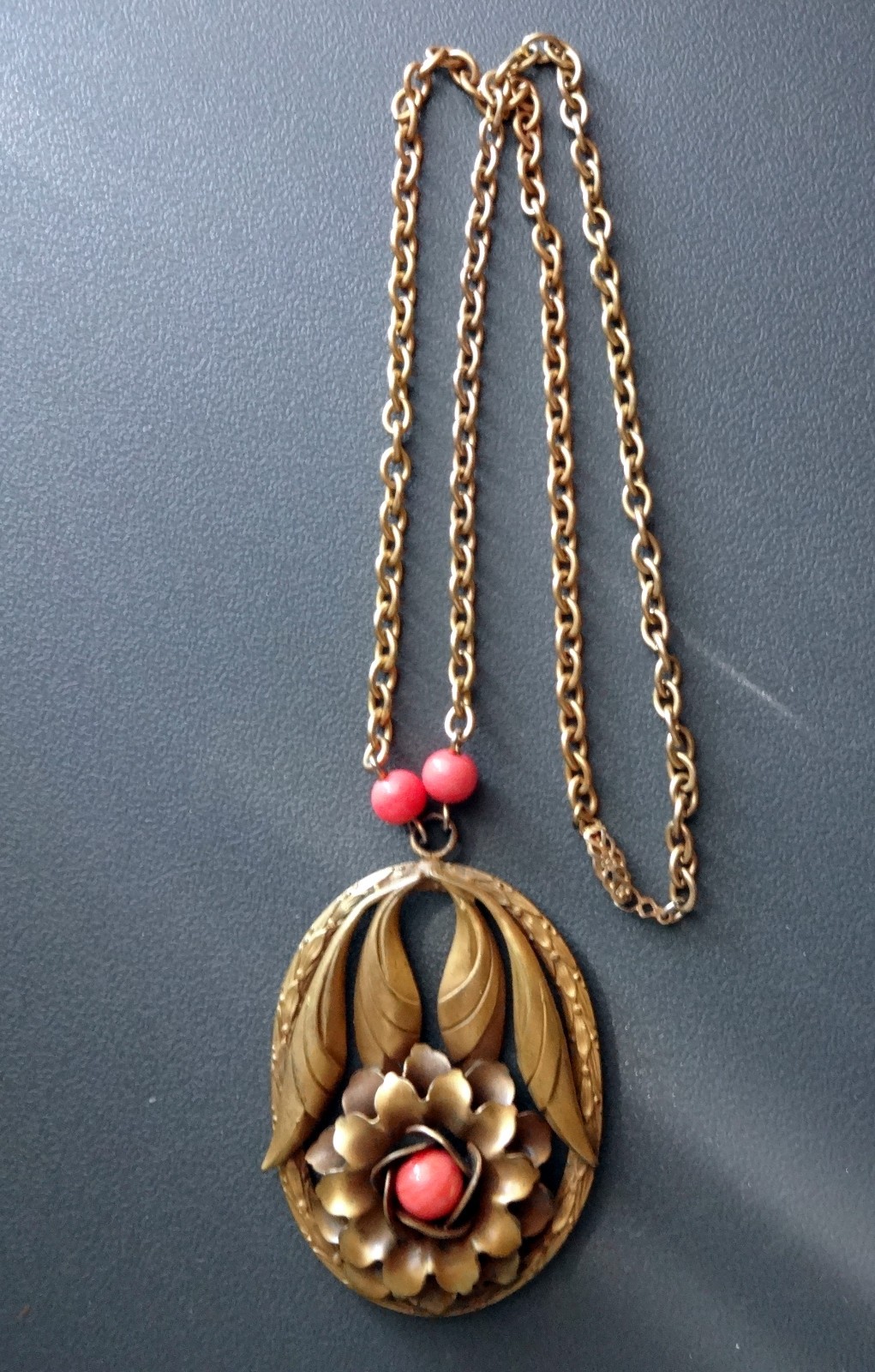 Antique CZECH NEIGER Art Nouveau Egyptian Revival Coral Glass Pendant Necklace