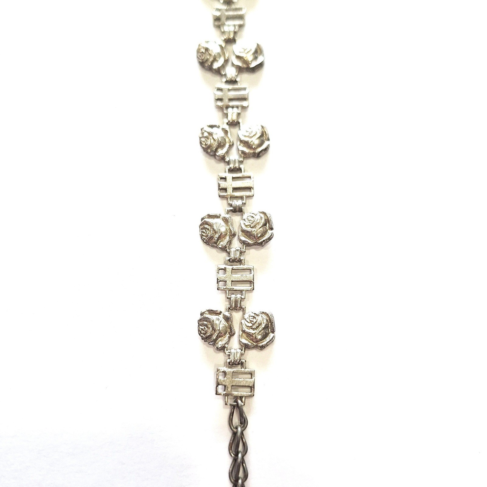 Vintage Silver Tone Rose Flower and Cross Link Rosary Bracelet with Crucifix