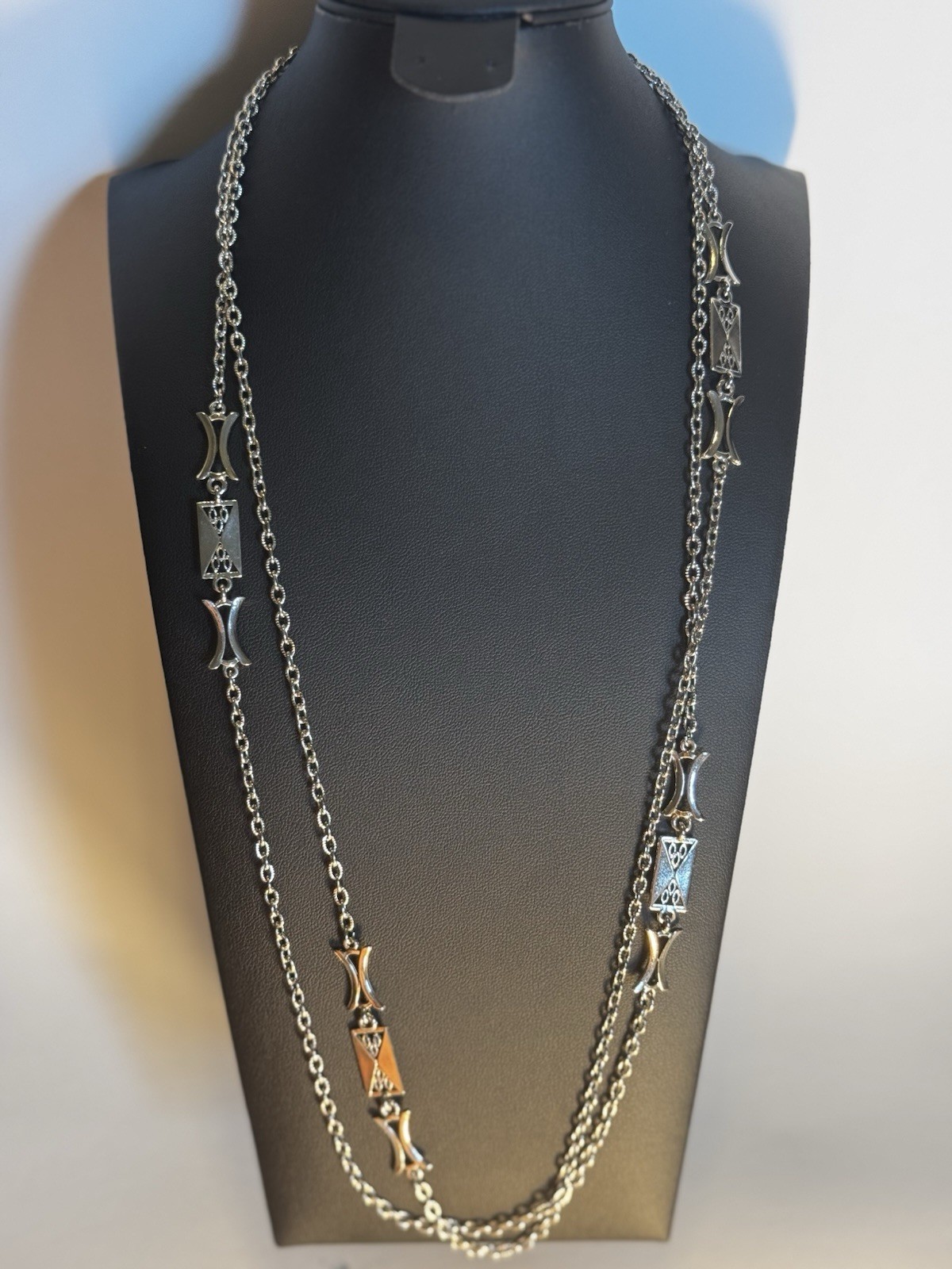 Vintage Modernist Art Deco Detail Silver Link Chain Necklace 27 Inches Long