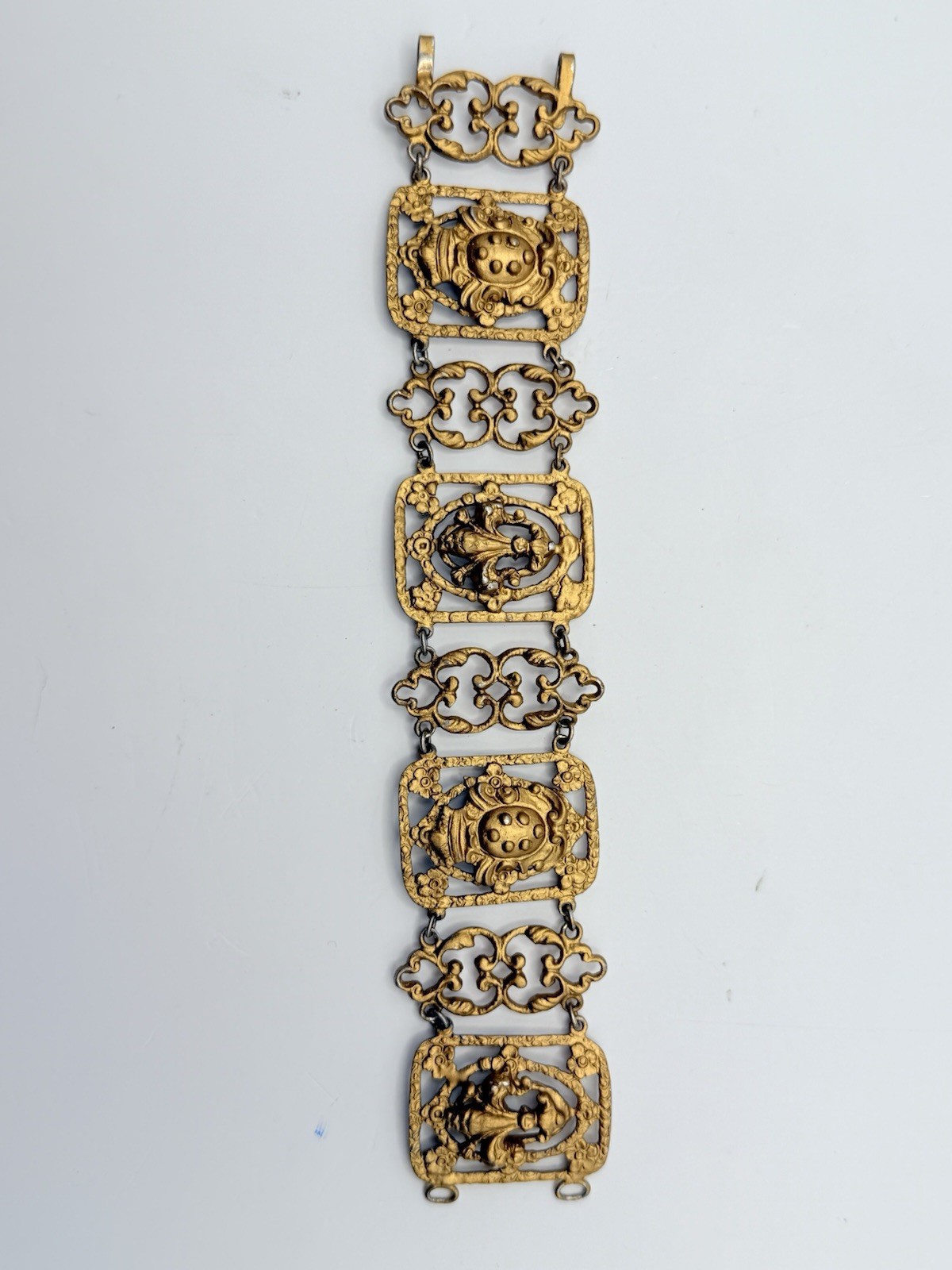 Antique 800 Silver Gilt Filigree Panel Bracelet 44g Ornate 7.5” Gold Washed