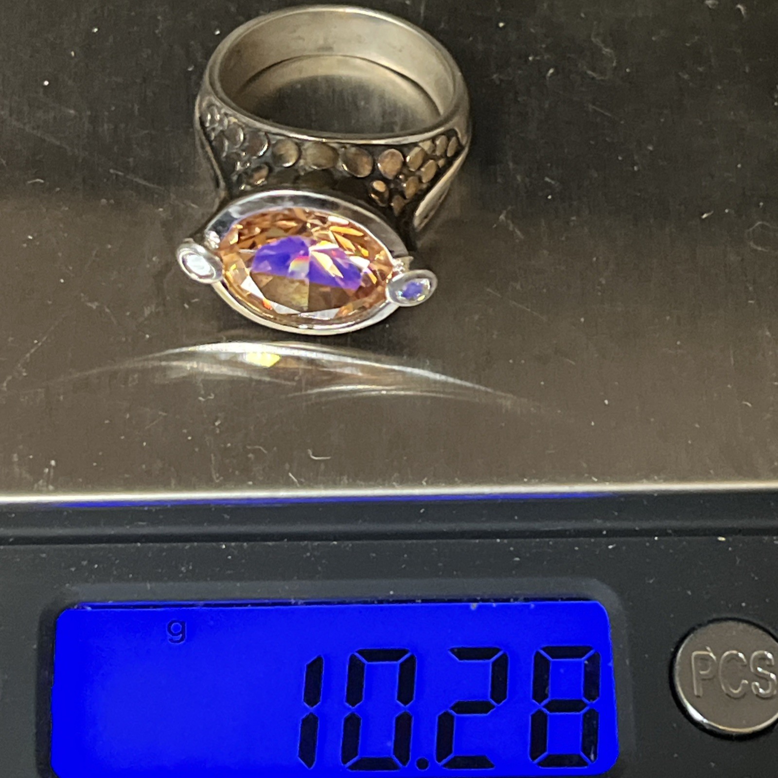 Vintage Sterling Silver Citrine Pebbled Statement Ring Size 7 Chunky 10.2g