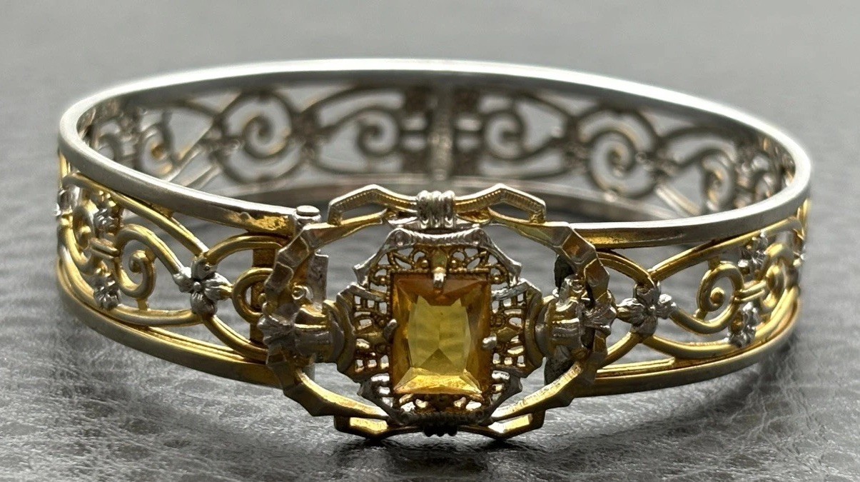 VTG Art Deco Hinge Clasp Bangle Bracelet Faux Citrine White Mfg Co Providence RI