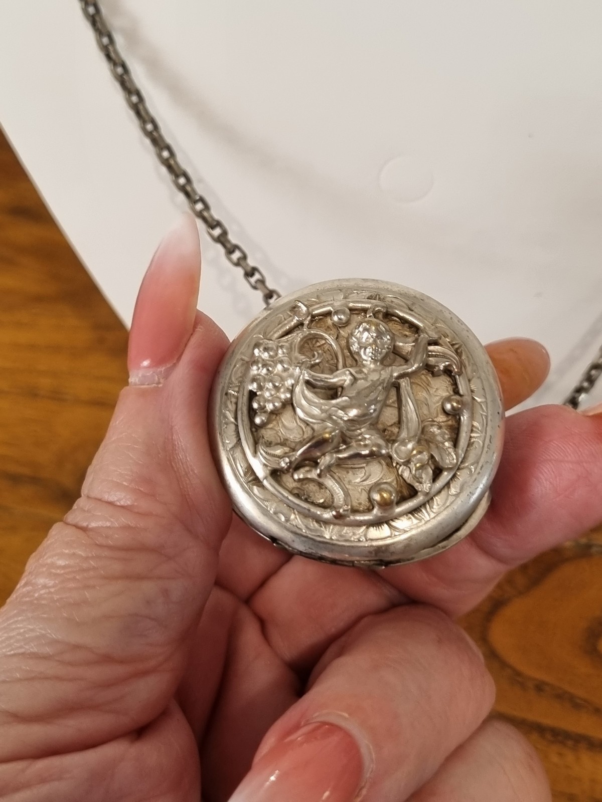 Antique White Metal High Relief Victorian Edwardian Locket Chain See Video FHS