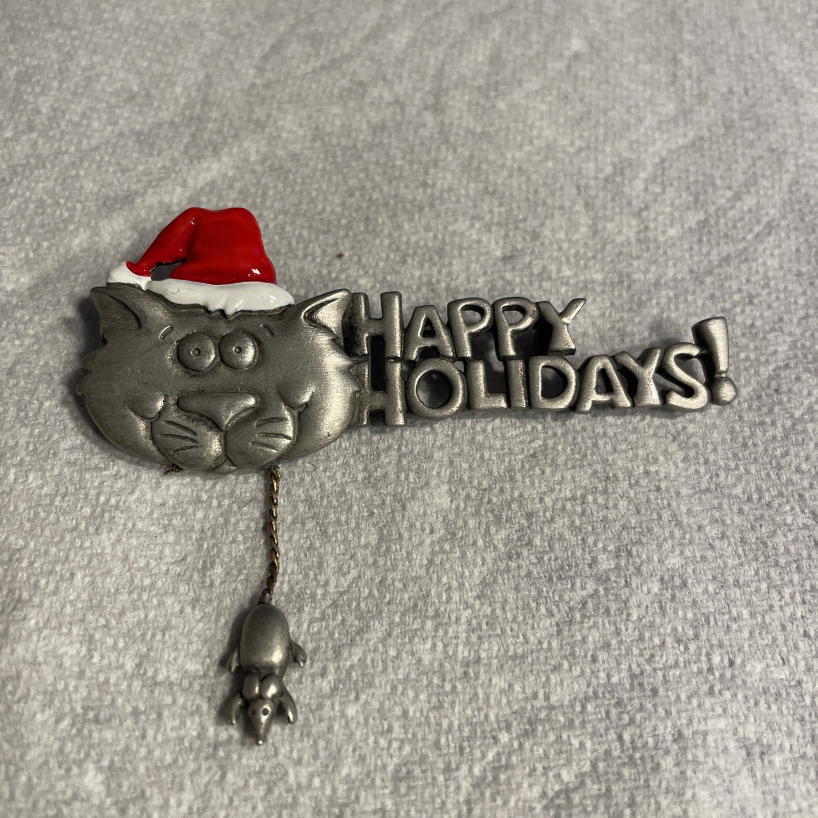 Vintage Signed JJ Happy Holidays Cat Mouse Brooch Pin Jewelry Vic-56