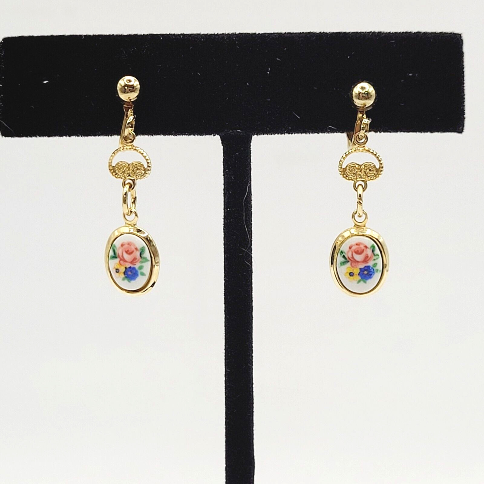 Petite Hand Painted Flowers Porcelain Gold Tone Drop Dangle Vintage Earrings