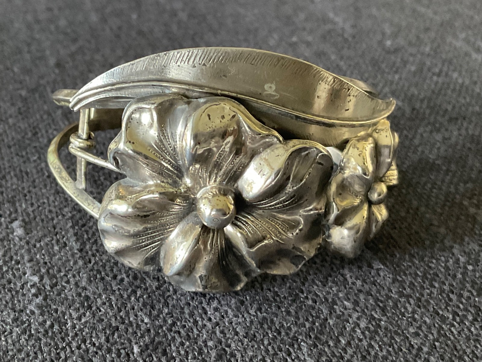 Sterling Silver Pansy Flower Wide Cuff Bracelet