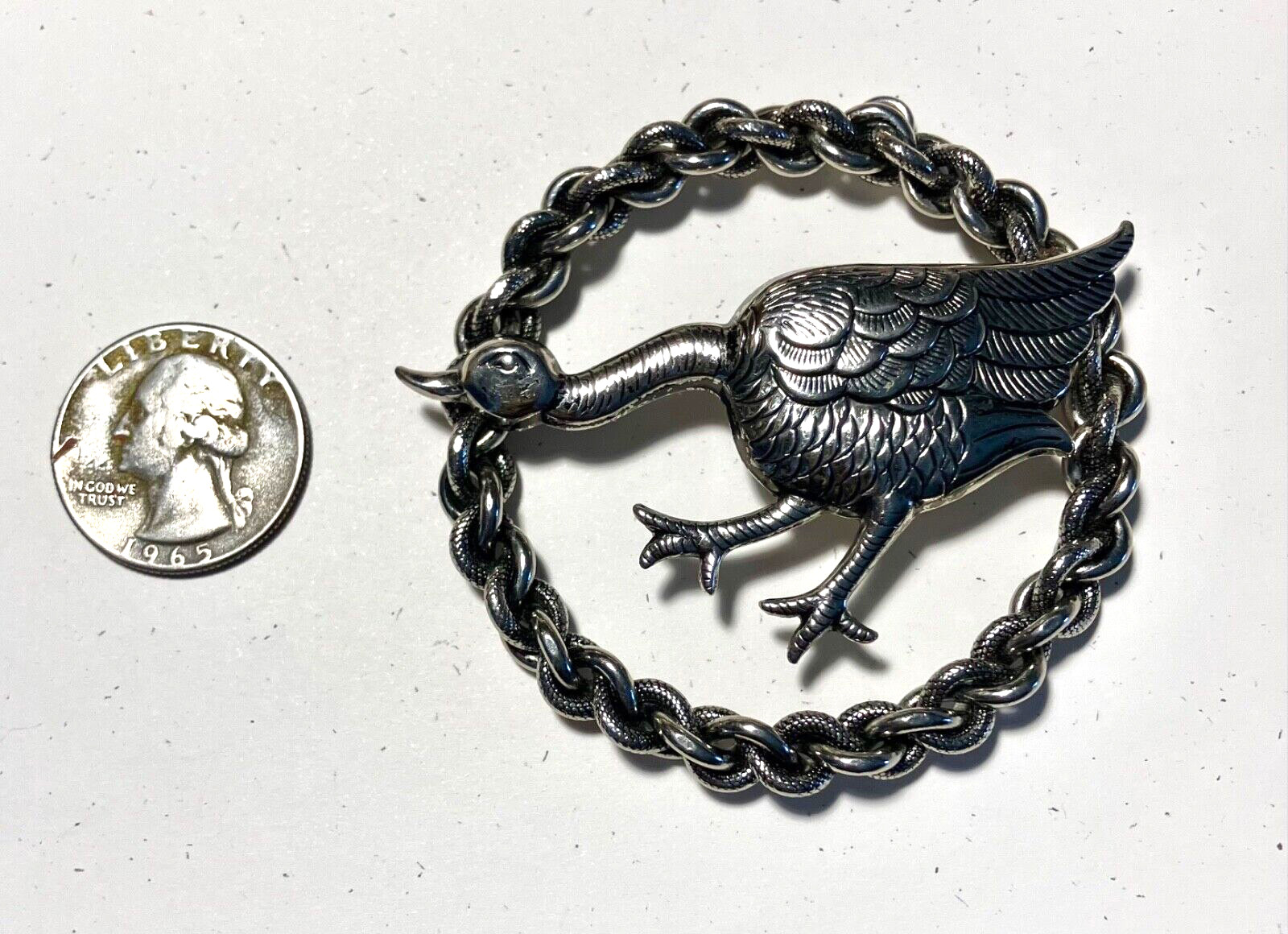 Sterling Silver Vintage Pendant (NO CHAIN) Goose Round Large 2.75 inch Unique