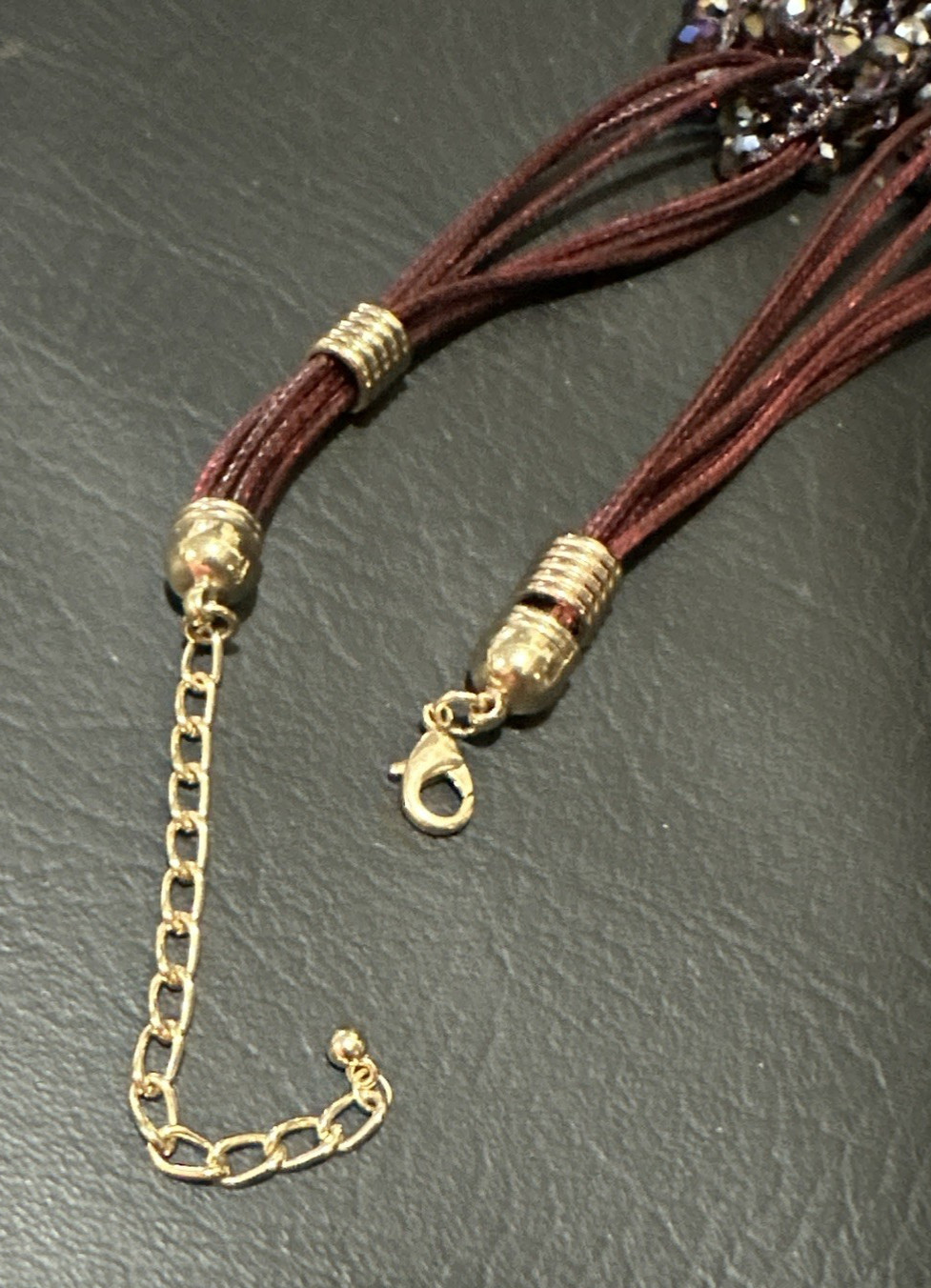 Faceted Purple Beaded Statement Necklace Burgundy Cord Gold Tone 18” Adjustable