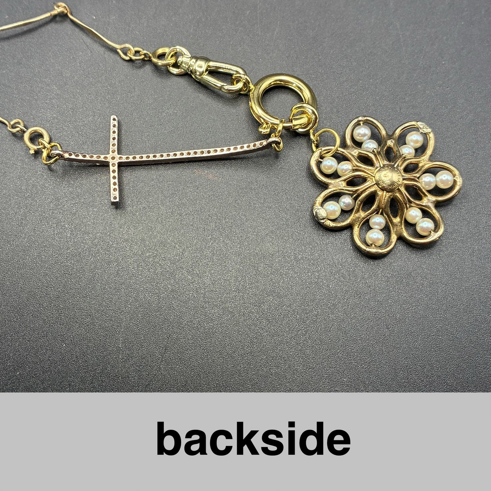 Vintage 12k Gold Filled Pocket Watch Chain FOB, Dog Clip, Cross & Pearl Charms