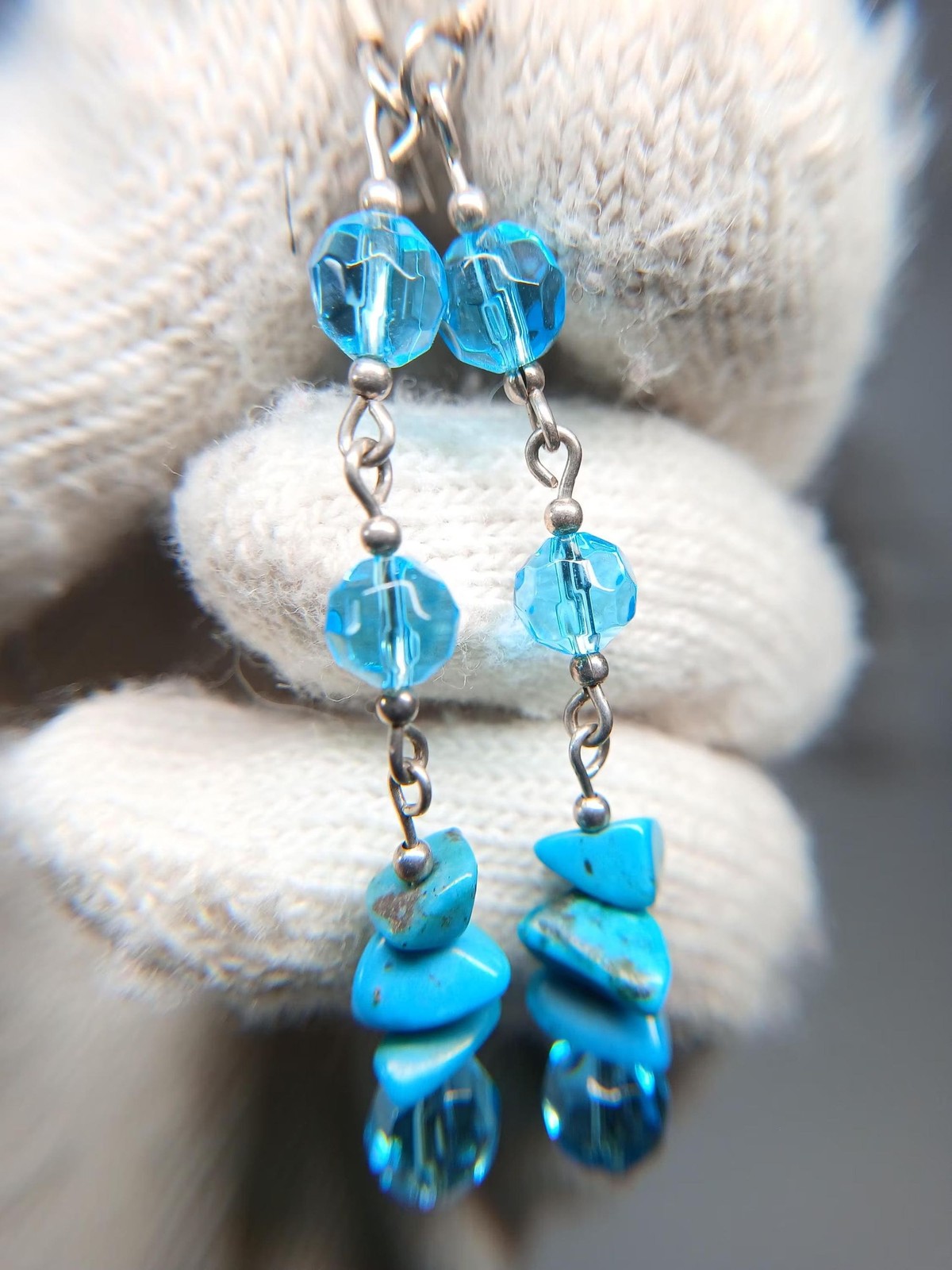 Sterling Silver Turquoise Chip Blue Crystal Dangle Earrings