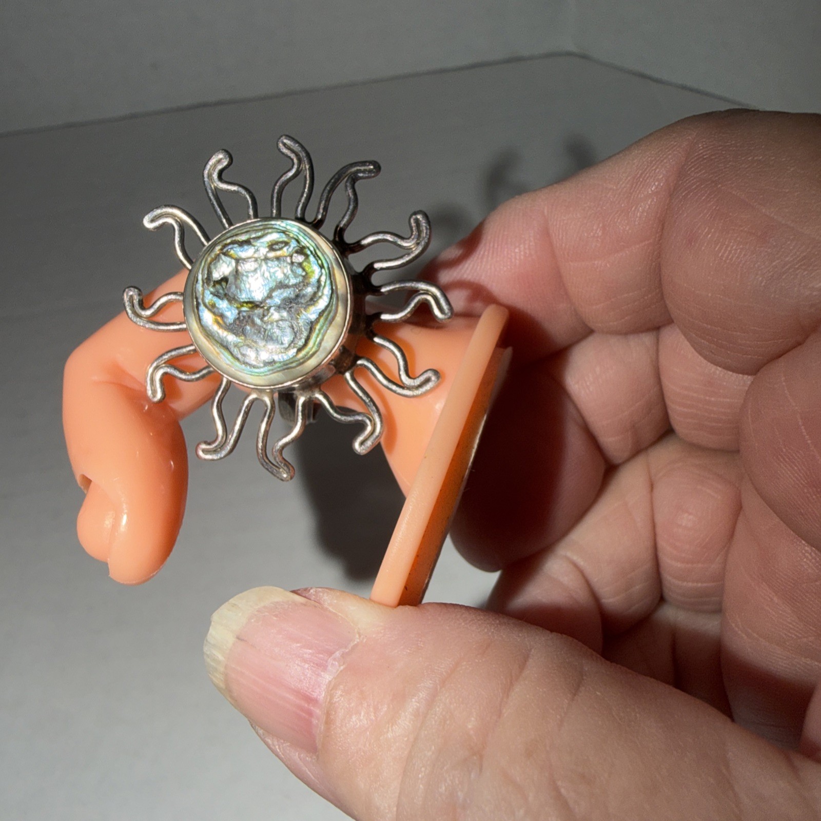 Vintage 925 Silver MEX Sun Moon Abalone Ring Adjustable