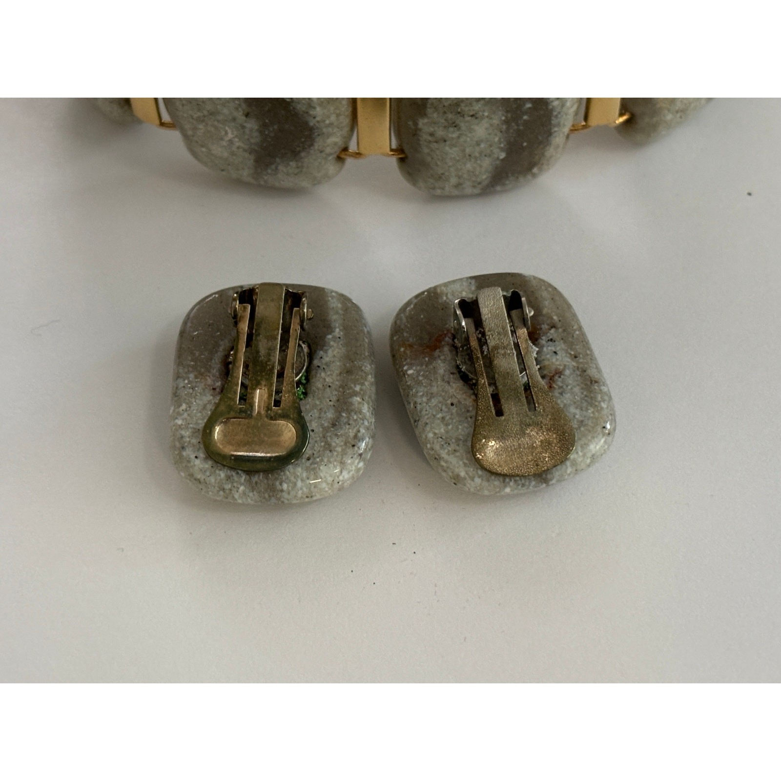 Vintage MCM Art Glass Panes Bracelet & Earrings Set Gold Tone Minimalist