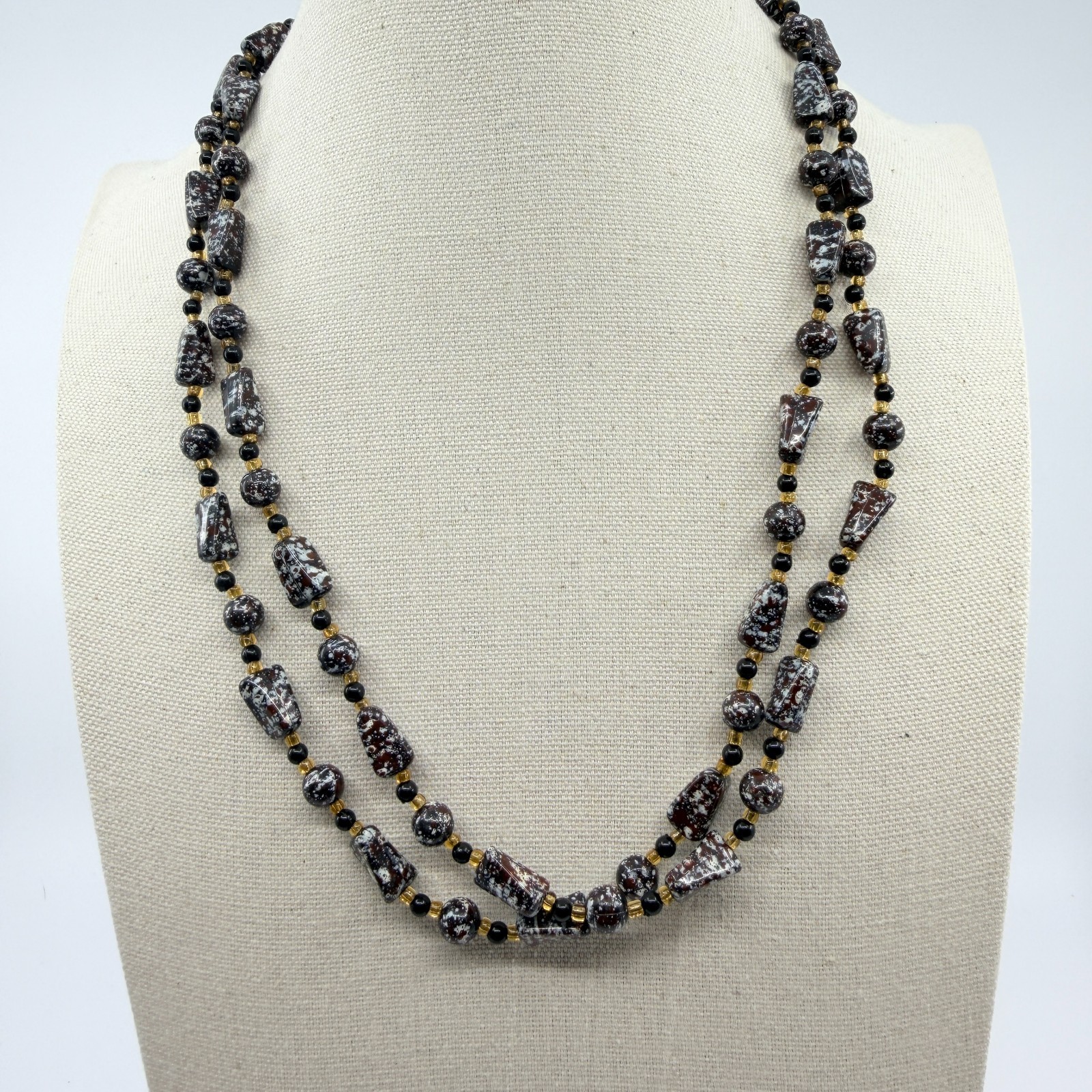 Vintage Brown White Mottled Bead Multi Strand Necklace Chunky Statement Boho Art
