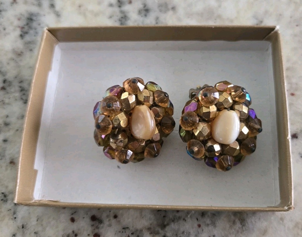 Vintage Aurora Borealis Round Cluster Earrings, Clip-On, by La Roco, MCM