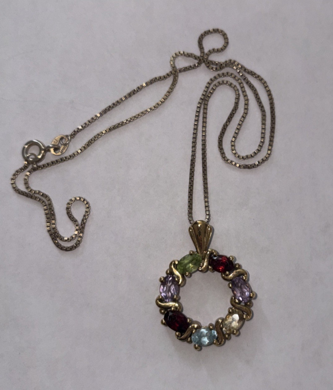 Gold Tone Sterling DBJ Multi-Gemstone Pendant Necklace Italy 17″ Long 925 Chain