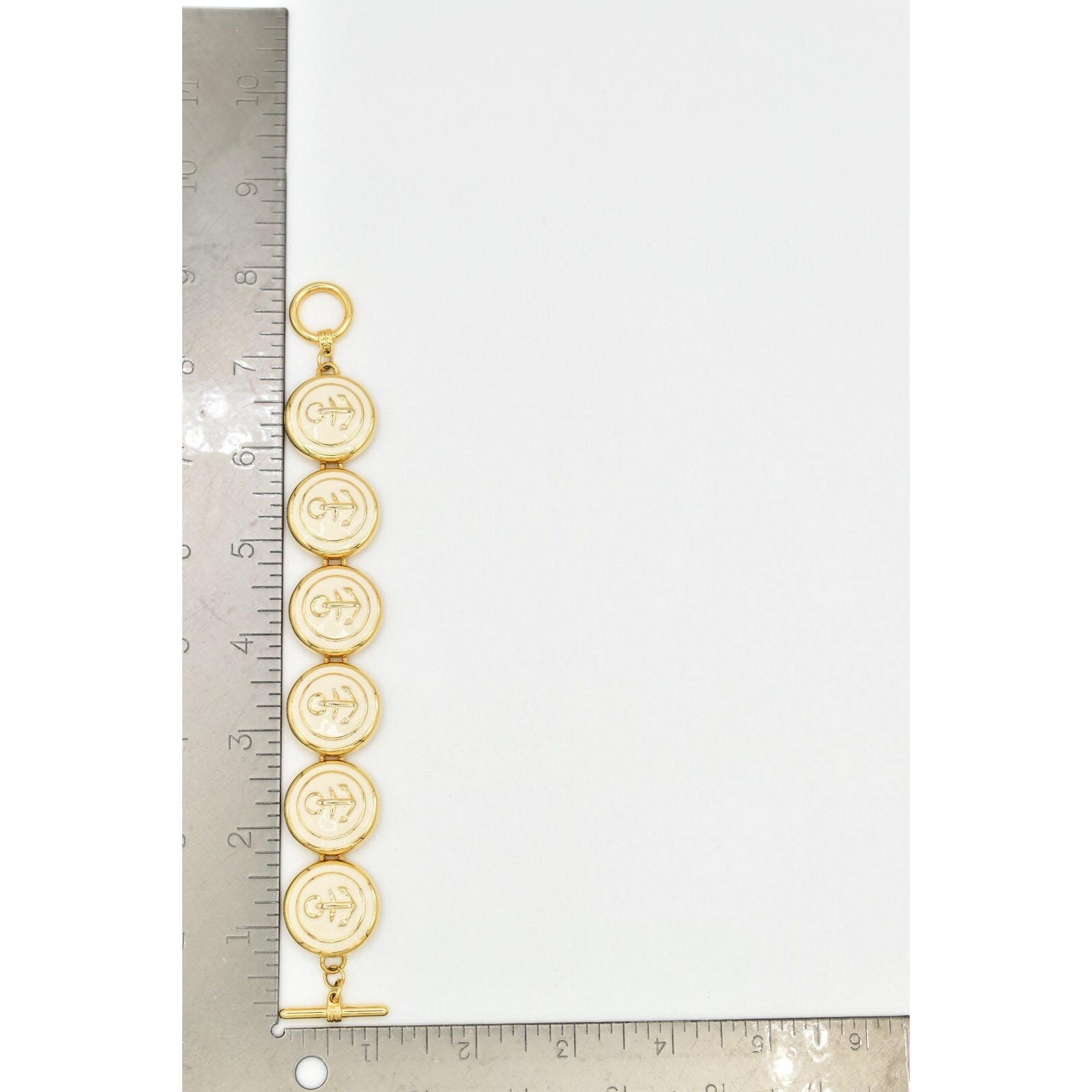 Vintage Anchor Linked Bracelet Chunky Off White Nautical Gold Tone 1990s BinAW