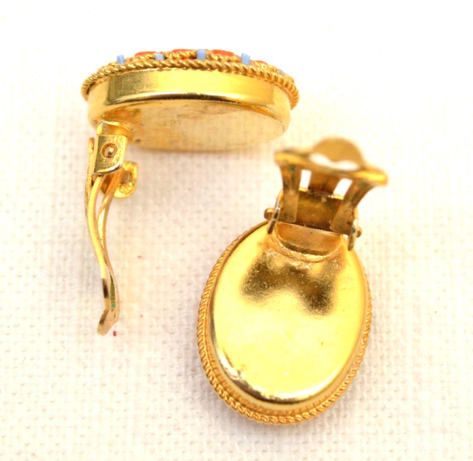 Clip On Earrings Micro Mosaic Milleflori Gold Tone Twist Setting 3/4″ L Vintage