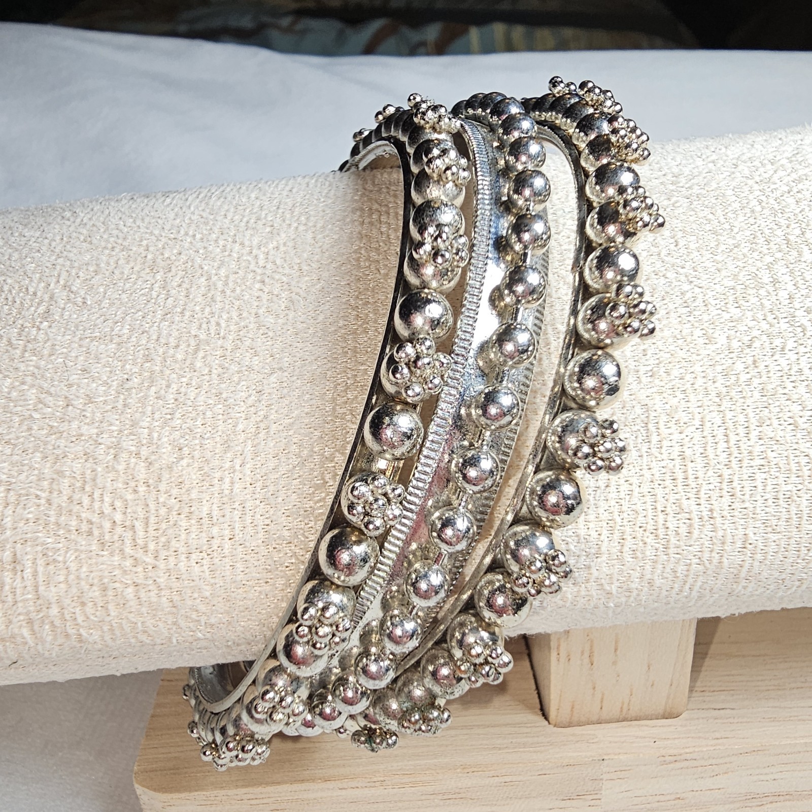 SET OF 3 Vintage Rajasthani Style BANGLE BRACELET Beaded Tribal Silvertone 8.25″