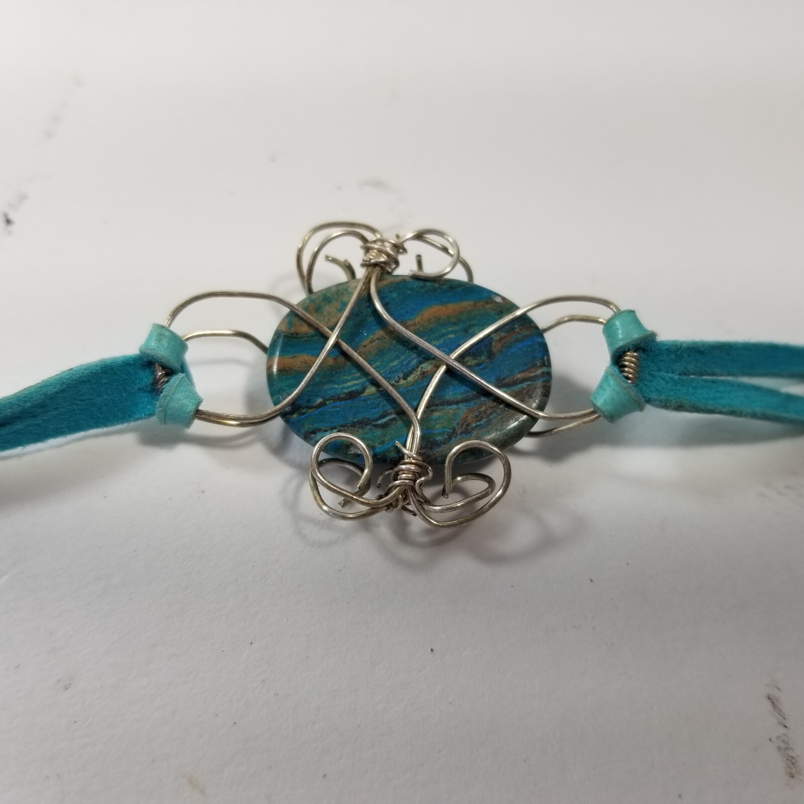 Unique Faux Turquoise Cabochon Silver Tone Bracelet Caged