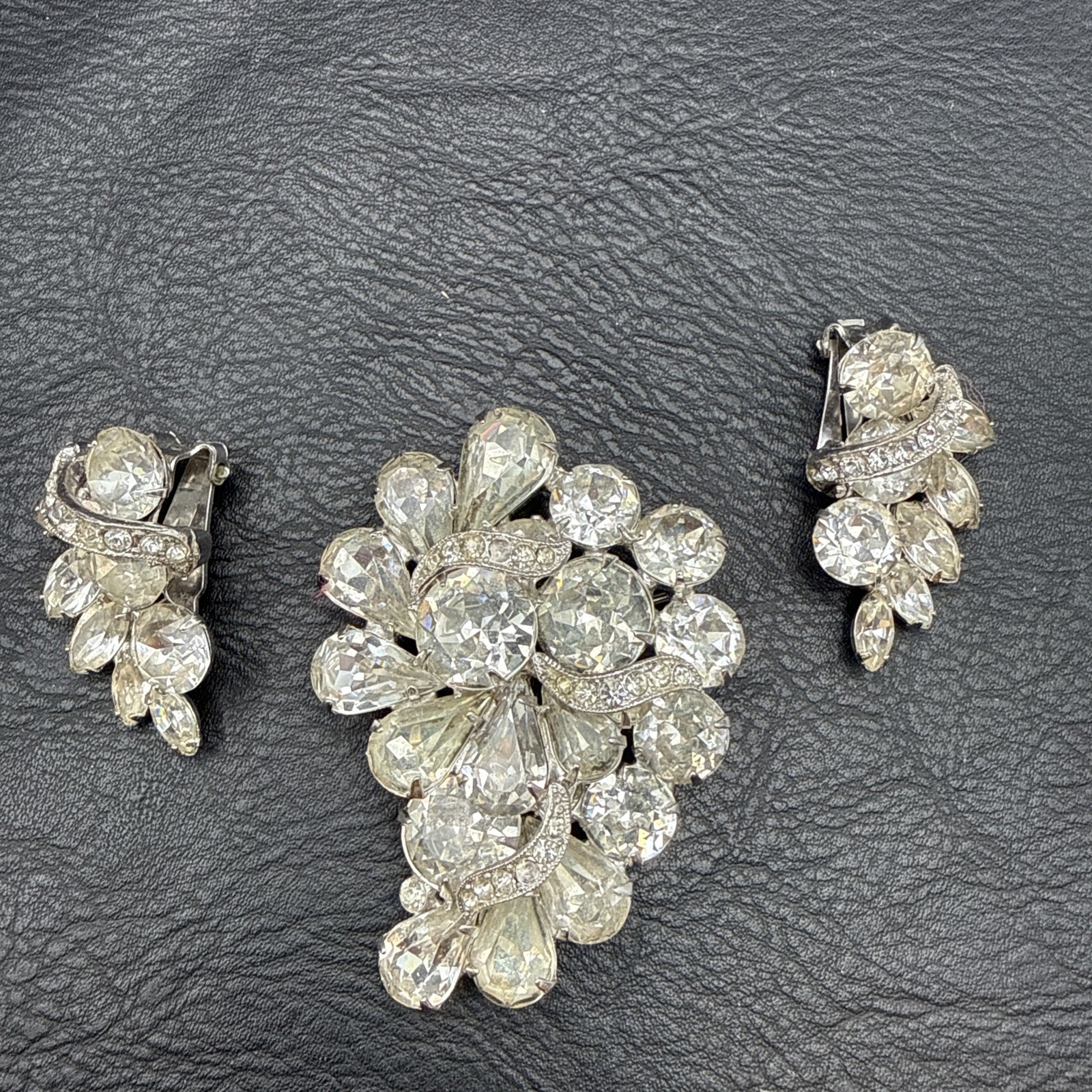Vintage Eisenberg Ice Rhinestone Brooch and Clip On Earrings Set Signed
