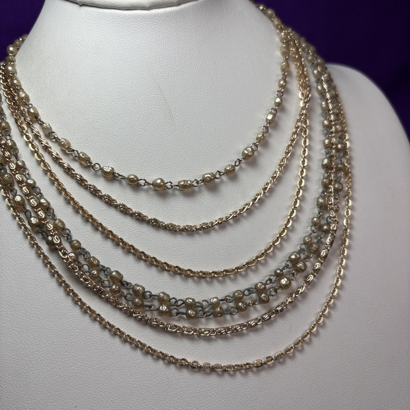 Vintage Multi-Strand Layered Gold Chain W/Faux Pearls Drape Necklace N34