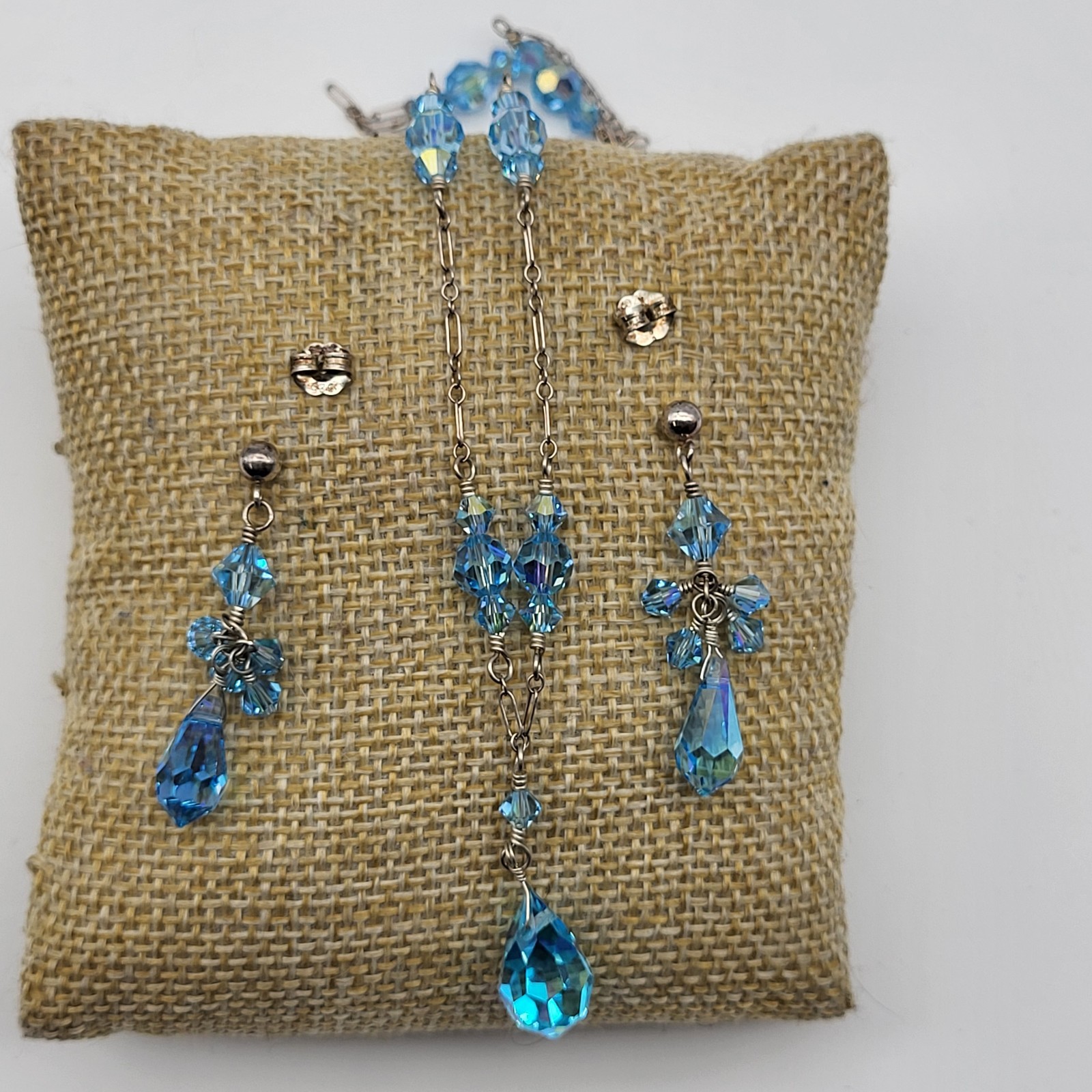 Beautiful Sterling Silver Blue Crystal Necklace Earrings Set Flamboyant Sexy