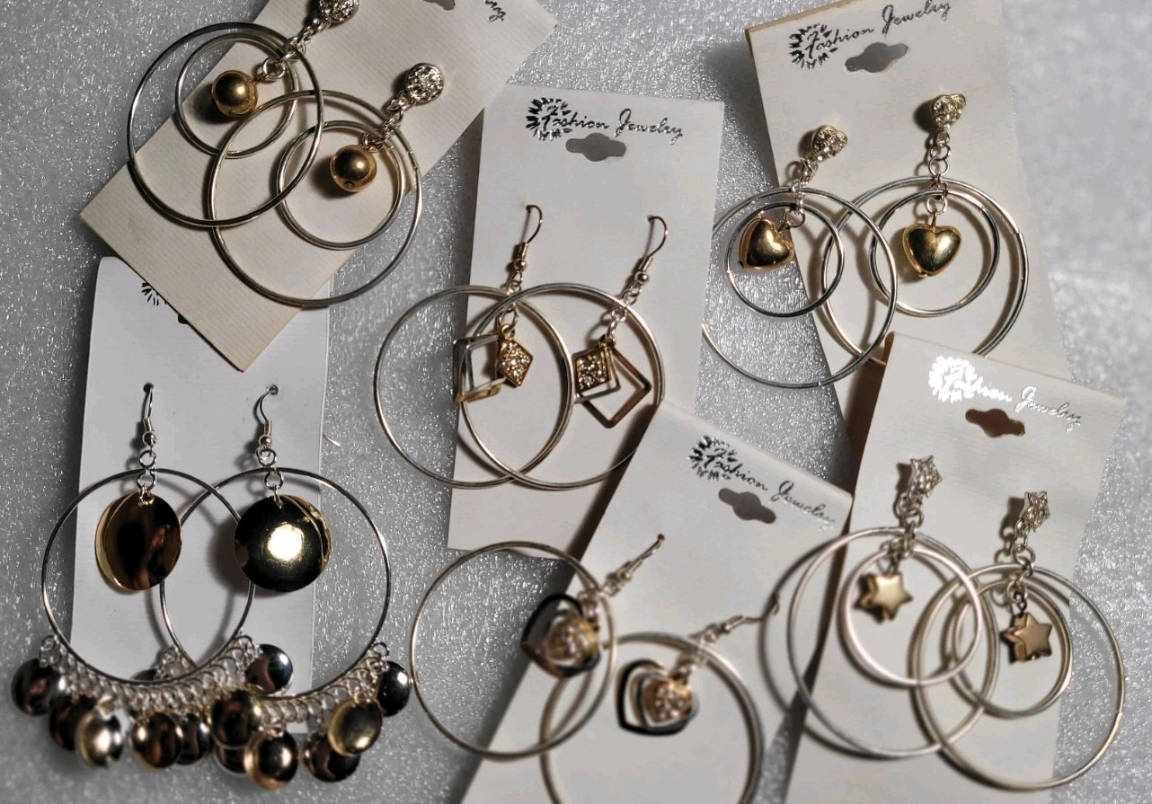 6 Pairs NEW VINTAGE DANGLE HOOPS EARRINGS PIERCED DROP BIG CLASSIC • OLD STOCK