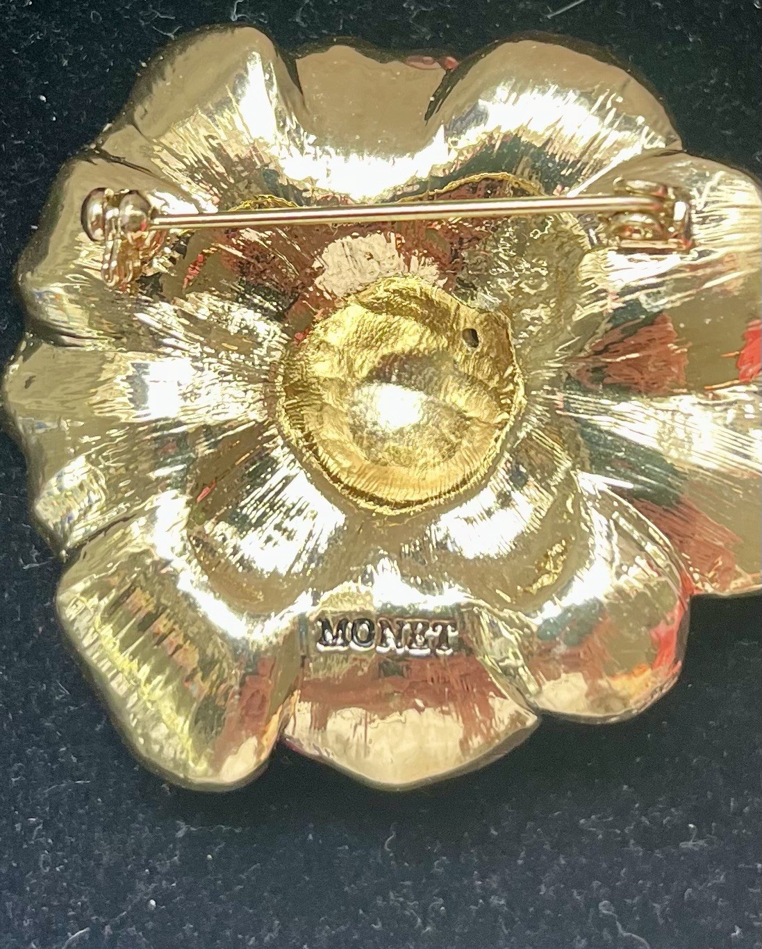 Vintage Monet Signed ENAMEL Red Poppy Flower Brooch-Pin Gold Tone & Rhinestones